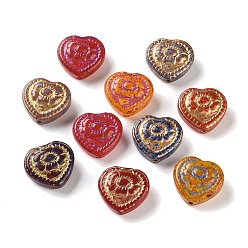 Couleur Mélangete Perles lampwork, perles au chalumeau, faits à la main, coeur avec fleur, métal doré enlaça, couleur mixte, 15x16x7.5mm, Trou: 0.8mm