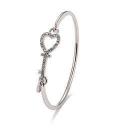 Stainless Steel Color Crystal Rhinestone Heart Skeleton Key Bangle with Pad Lock Charm for Women, Stainless Steel Color, Inner Diameter: 2-1/4 inch(5.8cm)