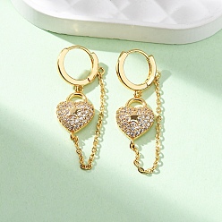 Настоящее золото 18K Серьги-кольца из латуни с микропаве и прозрачным кубическим цирконием в форме сердца, без никеля , цепочка-оберег, реальный 18 k позолоченный, 37.5x11x14 мм