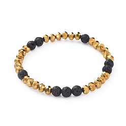 Лавовый камень Граненые Rondelle гальванического стекла стрейч-браслеты, с круглыми бусинами из натуральной лавы, с золотым покрытием, 2-1/8 дюйм (5.5 см)