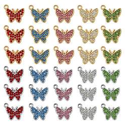 Mixed Color 30Pcs Alloy Pendants, with Cubic Zirconia, Golden, Butterfly, Mixed Color, 12x15mm, Hole: 2mm