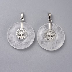 Quartz Crystal Natural Quartz Crystal Pendants, with Platinum Tone Brass Findings, Donut/Pi Disc with Tree of Life, 35.5x30x8.5~9.5mm, Hole: 4.5x6.5mm