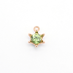 Peridot Alloy Rhinestone Pendants, Star, Golden, Peridot, 15.5x11x6.5mm, Hole: 1.5mm