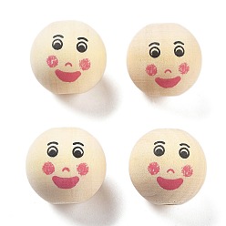 Папайя Оранжевый Печатные деревянные европейские бусины схима, круглый с рисунком улыбающегося лица, papayawhip, 21.5x20.5 мм, отверстие : 5.5 мм