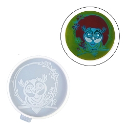 White Flat Round with Owl & Flower DIY Cup Mat Silicone Molds, Resin Casting Molds, for UV Resin, Epoxy Resin Craft Making, White, 114x105x9mm, Inner Diameter: 99mm