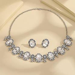 Платина Комплект из овальных ожерелий и серег-гвоздиков из сплава стекла, платина, 480 мм