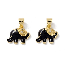 Черный Латунный кубический цирконий, с эмалью, без кадмия и без свинца, реальный 18 k позолоченный, слон, чёрные, 13x15x4 мм, отверстие : 4x4 мм
