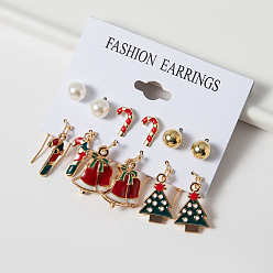 Золотой 6 Наборы рождественских сережек-подвесок и сережек-гвоздиков из цинкового сплава с эмалью, стразами и пластиковыми жемчужинами., разнообразные, золотые, золотые, 8~28x8~29 мм