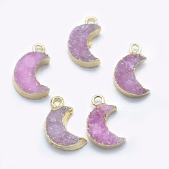 Plum Natural Quartz Pendants, with Golden Tone Brass Findings, Moon, Dyed, Plum, 15~16x8.5~10x5~6mm, Hole: 2mm