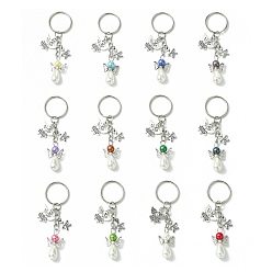 Mixed Color Angel & Star Charms Keychain, with Imitation Pearl Acrylic Beads and Iron Split Key Rings, Mixed Color, 8.4cm, 12pcs/set