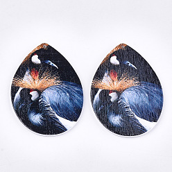Colorful Printed Wooden Big Pendants, Dyed, Teardrop with bird, Colorful, 64.5x46x2.5mm, Hole: 1.2mm