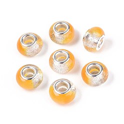 Оранжевый Прозрачные европейские бусины-рондель из смолы, с блестящей пудрой и латунными сердечниками платинового тона, бусины с большим отверстием, оранжевые, 14x9 мм, отверстие : 5 мм