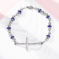 Капри Синий 201 из нержавеющей стали ссылку цепи браслеты, с 304 застежками из нержавеющей стали и стразами, крестик, Капри синий, 8-1/2~8-3/4 дюйм (21.7~23.3 см)