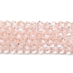 Misty Rose Transparent Electroplate Glass Beads Strands, Pearl Luster Plated, Faceted, Bicone, Misty Rose, 4x4mm, Hole: 0.8mm, about 87~98pcs/strand, 12.76~14.61 inch(32.4~37.1cm)