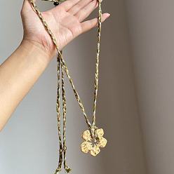 Golden Alloy Textured Flower Pendant Adjustable Cotton Cord Long Necklaces for Women, Golden, 27.56 inch(70cm)