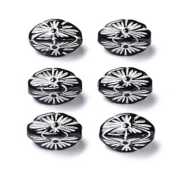 Silver Black Opaque Acrylic Beads, Metal Enlaced, Kernel with Flower Pattern, Silver, 13.5x7x7mm, Hole: 1.8mm, about 1190pcs/500g