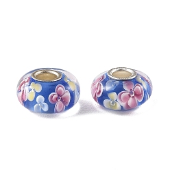 Royal Blue Lampwork & Brass Core European Beads, Large Hole Beads, Rondelle with Flower, Royal Blue, 15x7.5mm, Hole: 4mm