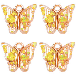 Желтый Прозрачные акриловые брелоки, с фурнитурой из сплава золотистого цвета и пайетками, очарование бабочки, желтые, 14x14 мм