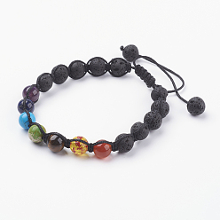 Лавовый камень Чакра ювелирные изделия, регулируемые браслеты из драгоценных камней и смолы, браслет с квадратными узлами из нейлоновой нити, круглые, природная лава, 2-3/8 дюйм (61 мм)