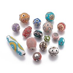 Mixed Color Handmade Indonesia Beads, with Metal Findings, Mixed Shapes, Mixed Color, 14~24x14~60mm, Hole: 1.4~4mm