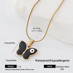 Black 304 Stainless Steel Enamel Evil Eye Butterfly Pendant Necklaces for Men Women, Golden, Black, 15.75 inch(40cm)
