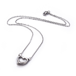 Couleur Acier Inoxydable 304 pendentifs en acier inoxydable, avec strass et chaînes de câbles, cœur, couleur inox, 18.11 pouce (46 cm), pendentif: 15x16x5 mm.
