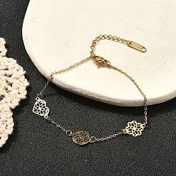 Золотой 304 браслеты из нержавеющей стали ссылка для женщин, ионное покрытие в форме сердца, плоского круга и цветка (IP), золотые, 6-7/8 дюйм (17.4 см)