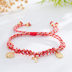 Красный Браслеты с подвесками из латуни в богемном стиле, плетеные браслеты из пеньковой веревки для женщин, крест и овал со святым Бенедиктом, красные, внутренний диаметр: 11 дюйм (28 см)