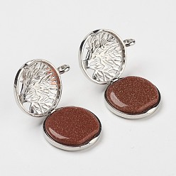 Камень с Пылевым Золотом Синтетические голдстоуновские подвески, С выводами медальона из медных рассеивателей, плоские круглые с деревом, платина, 31x25x8 мм, отверстие : 4 мм