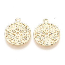 Real 18K Gold Plated Brass Pendants, Flat Round with Flower, Nickel Free, Real 18K Gold Plated, 17x14x1mm, Hole: 1mm