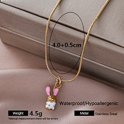 Rabbit Vintage 304 Stainless Steel Enamel Pendant Necklaces for Women, Golden, Pink, Rabbit, 15.75 inch(40cm)