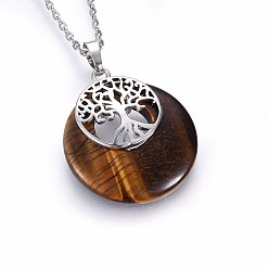 Тигровый глаз Плоские круглые подвески из натурального тигрового глаза, латунные обереги «Древо жизни», платина, 33x28x6 мм