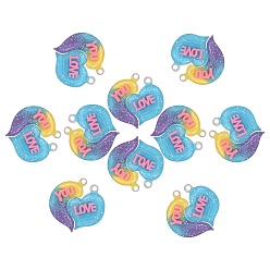 Gold 10 Sets Gradient Color Opaque Resin Pendants, with Glitter Powder, Couple Heart Charm with Word LOVE YOU, Gold, 39x38.5x5.5mm, Hole: 3.5mm, 2pcs/set