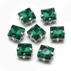 Морско-зеленый Шить на горный хрусталь, многожильных ссылки, стекло горный хрусталь, с настройками латуни, аксессуары для одежды, граненые, квадратный, платина, цвета морской волны, 12.5x12.5x7.5 мм, отверстие : 0.8~1 мм