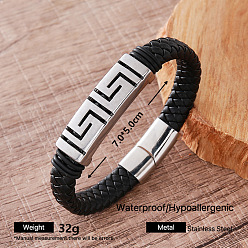 Rectangle Vintage 304 Stainless Steel Black Braided PU Leather Cord Bracelets for Men, with Magnetic Clasps, Stainless Steel Color, Rectangle, Inner Diameter: 2.76 inch(7cm)