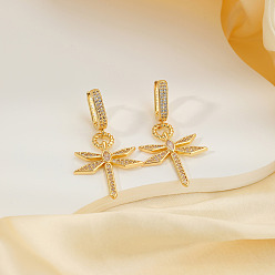 Золотой Элегантные серьги-кольца в форме стрекозы из латуни с прозрачным кубическим цирконием, золотые, 44x24 мм
