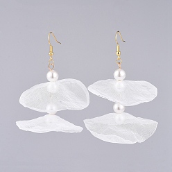 White Organza Fabric Dangle Earrings, with Golden Plated Brass Findings and Plastic Imitation Pearl, White, 60mm, Pin: 0.6mm