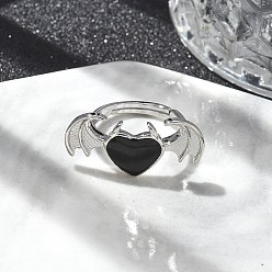 Черный Эмалевые кольца для пальцев в форме сердца с крыльями, украшения из латуни для женщин, долговечный, стойки покрытие, без свинца и без кадмия, чёрные, 11.5x25 мм, внутренний диаметр: 16 мм