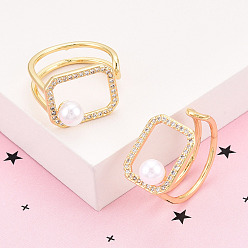 Настоящее золото 18K Латунные кольца-манжеты с микропаве и прозрачным цирконием для женщин, без кадмия и без свинца, восьмиугольник, с ABS имитации жемчуга, полый, реальный 18 k позолоченный, 13.5 мм, внутренний диаметр: 18.5 мм