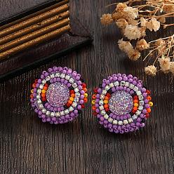 Орхидея Винтажные серьги-гвоздики в богемном стиле из разноцветного стеклянного бисера и стразов., плоско-круглые, сиреневые, 26 мм