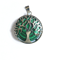 Malachite Synthetic Malachite Pendants, Tree of Life Metal Charms, Platinum, 27x27x7mm