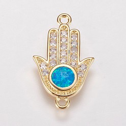 Темно-Голубой Латунные микро проложить кубических ссылки циркония, с синтетическим опалом, hamsa рука / рука fatima / рука miriam, золотые, глубокое синее небо, 19.5x11.5x1.5 мм, отверстие : 1 мм