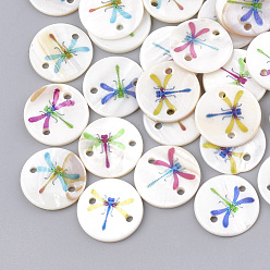 Mixed Color Printed Freshwater Shell Links connectors, Flat Round with Dragonfly, Mixed Color, 18x2~2.5mm, Hole: 1.6mm