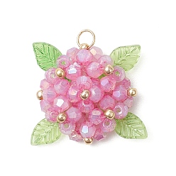 Бледно-Розовый Стеклянные подвески, гортензия, с акриловыми подвесками в виде листьев и 304 соединительными кольцами из нержавеющей стали, розовый жемчуг, 23x22x9 мм, отверстие : 2.5 мм