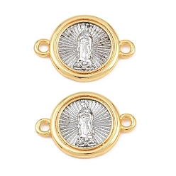Real Gold Plated & Stainless Steel Color Brass Connector Charms, Flat Round with Virgin Mary Links, Long-Lasting Plated, Lead Free & Cadmium Free, Rack Plating, Real Gold Plated & Stainless Steel Color, 21x15x2.5mm, Hole: 2mm