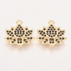 Черный Латунные микро проложить кубического циркония прелести, лотос, без никеля , реальный 18 k позолоченный, чёрные, 13x13x2 мм, отверстие : 1 мм