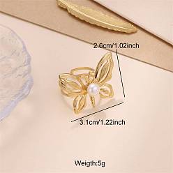 Butterfly 304 Stainless Steel Imitation Pearl Cuff Open Rings, Golden, Butterfly, 15~20mm
