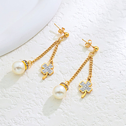 Настоящее золото 18K Клевер из нержавеющей стали с круглыми подвесками-серьгами, с искусственным жемчугом и стразами, реальный 18 k позолоченный, 50 мм