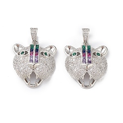 Platinum Brass Micro Pave Cubic Zirconia Pendants, Leopard Charms, Platinum, 26x22x9mm, Hole: 7x3mm