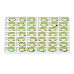 Светло-зеленый 42Шитье со стразами, стиль мокко, стекло горный хрусталь, граненые, с латунной фурнитурой золотого цвета, лошадиный глаз , светло-зеленый, 15x7x5 мм, отверстие : 1 мм